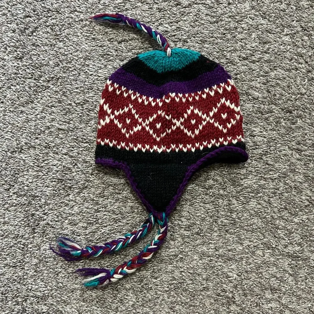 Vintage Wool Beanie Winter Hat Nepal 80s 90s Earflap Knit Cap Unisex